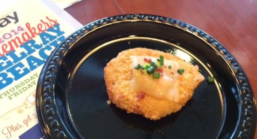 Fancy Fried Green Tomatoes with spiced shrimp and cheddar cheese