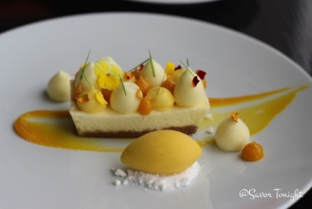 Creme Fraiche Cheesecake with passion fruit sorbet