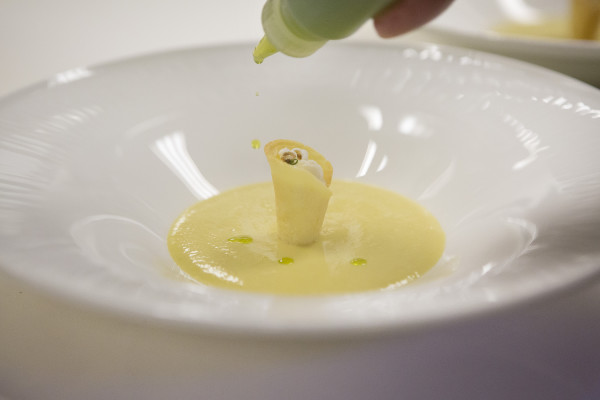 Green Cay Farm Corn Soup with crispy milk and chive oil